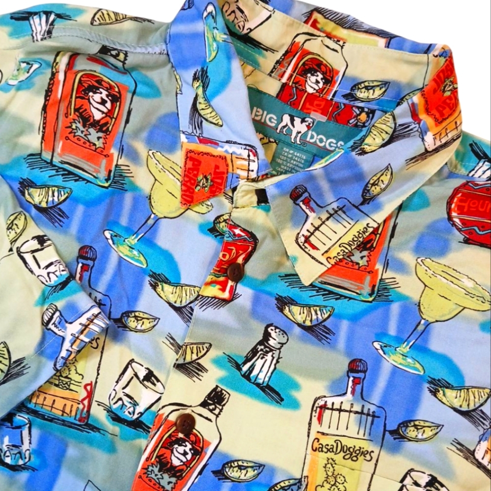VINTAGE Big Dogs Shirt Large Short Sleeve Button Up Collared‎ Margarita Theme